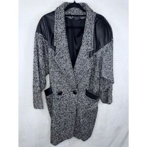 Vintage ADA Mens Tweed Long Coat Leather Trim Black White 11080 Made in USA 9-10